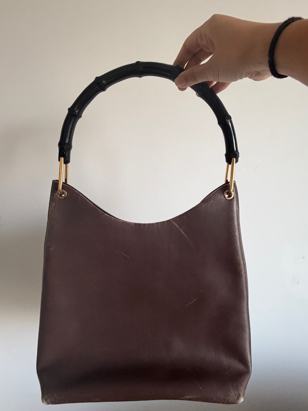 Gucci (Tom Ford era) Brown Handbag with Black Bamboo Handle and Gold Hardware